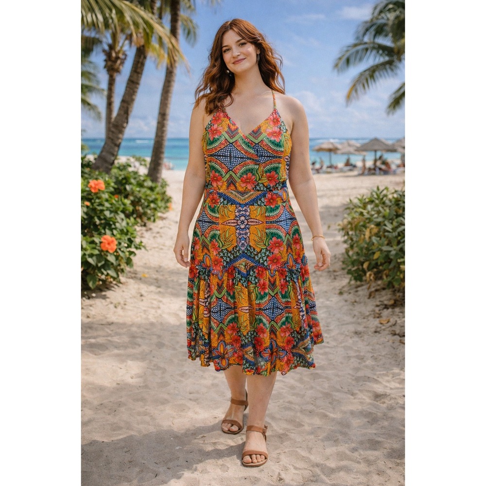 Boho Sleeveless Hippie‎ Festival Beach Vacation Floral Halter Midi L Dress